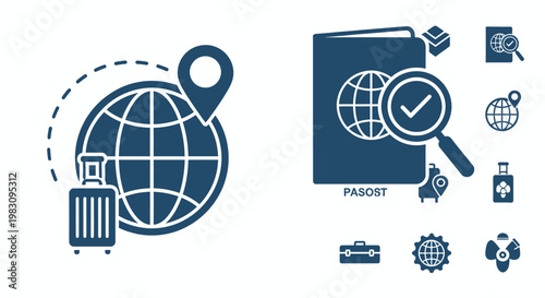 Global travel icons featuring passport, luggage and map markers.