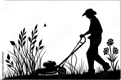 Man Mowing Lawn with Grass Cutter Silhouette Vector Graphic