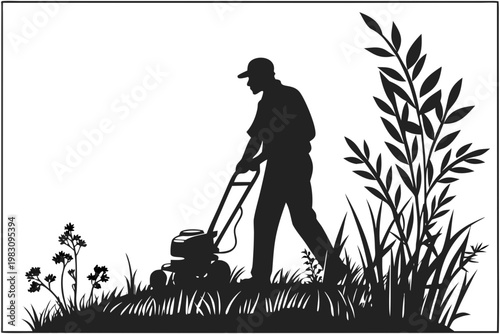 Man Mowing Lawn with Grass Cutter Silhouette Vector Graphic