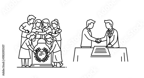 Family mourns at grave, business partners shake hands, contrast of grief and success