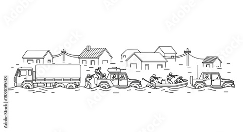 Flood disaster rescue operation with vehicles and boats in flooded town street