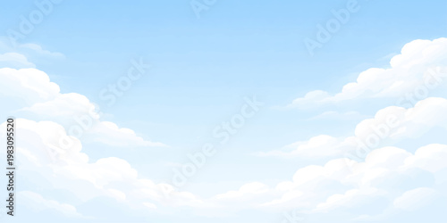 A beautiful clear blue sky features fluffy white cumulus clouds on a bright sunny summer day, creating a natural cloudscape and peaceful atmosphere in the high open air