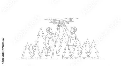Forestry workers with drone, technology in nature, surveying, environmental monitoring