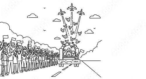 Funeral procession with fighter jets and doves flying over a hearse, mourners waving flags.