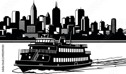 Ferry Boat Traveling Past Urban City Skyline With Tall Buildings