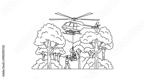 Helicopter Rescue in Forest: Rescuer Hoists Person from Dense Woods