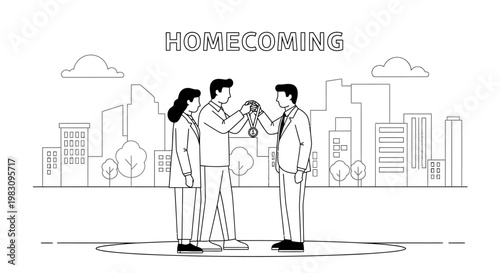 Homecoming Celebration: Business People Exchanging Keys in Cityscape