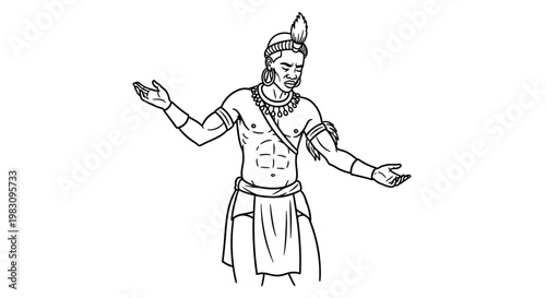 Indigenous Man with Feathered Headdress and Traditional Attire, Open Arms Gesture