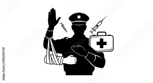 Injured Police Officer with Medical Supplies, First Aid Kit, Syringes, Bandaged Arm