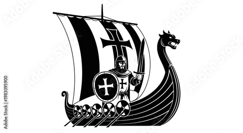 Medieval Knight Templar Viking Ship Warrior Crusader Sword Shield Banner