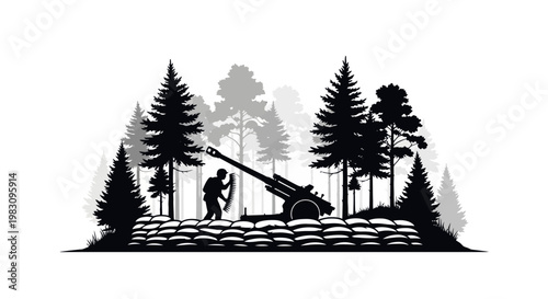 Military Artillery Gun in Forest Bunker with Soldier and Ammunition