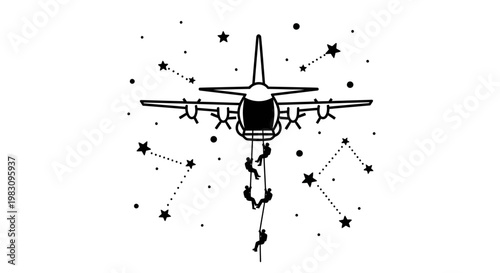 Military Aircraft Rappelling Soldiers Under Starry Sky