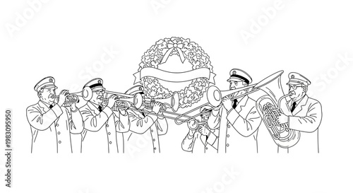Military Band Plays Triumphant Music with Wreath and Banner