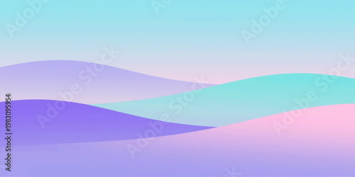 Abstract vector illustration of a mountain landscape at sunset featuring a high horizon view with blue clouds, mist, and morning fog over a snow winter valley