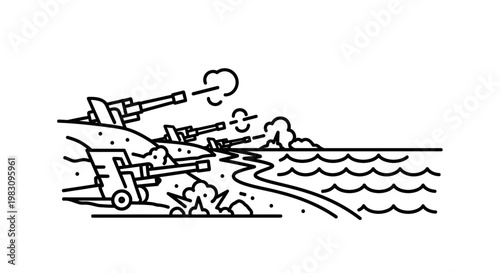 Military beach assault, artillery firing from shore onto enemy positions