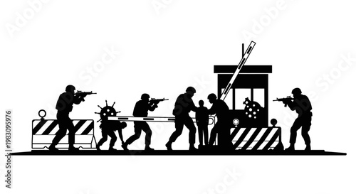 Military checkpoint with soldiers and civilians, security barrier, armed guards, control point