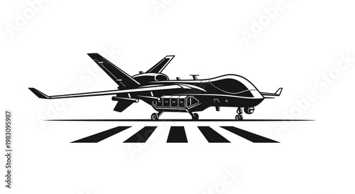 Military drone on runway, aerial vehicle, surveillance aircraft, advanced technology, aviation