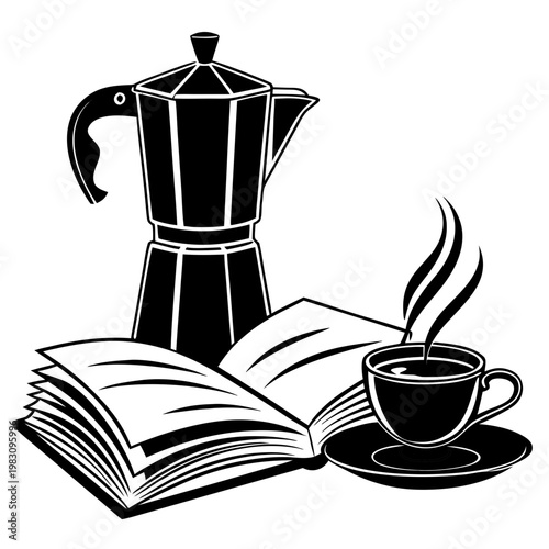 Cozy Wellness Silhouette Vector - Hot Water Bottle with Open Book and Steaming Tea Cup Icon