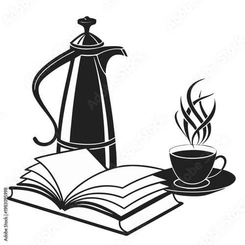 Cozy Wellness Silhouette Vector - Hot Water Bottle with Open Book and Steaming Tea Cup Icon
