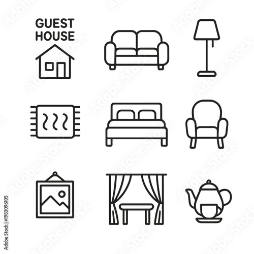 Cozy guest house icons: furniture, decor, and comfort essentials