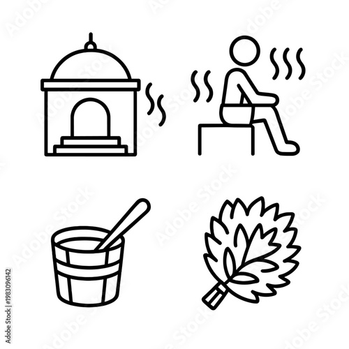 Icon set of sauna elements: steam room, person relaxing, bucket, birch leaves
