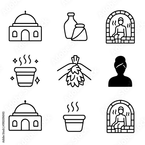 Traditional bathhouse icons: sauna, steam, bathing rituals, relaxation symbols