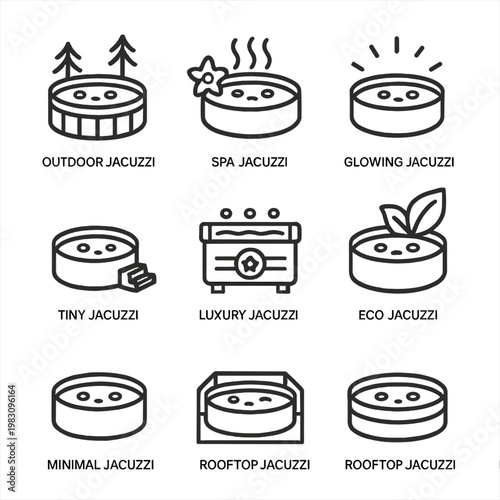 Diverse jacuzzi concepts highlighting luxury, eco-friendly, and minimalist designs