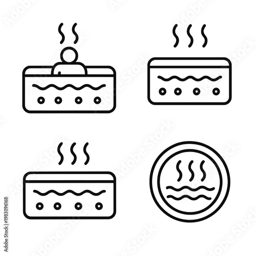 Minimalist hot tub icons set with steam and bubbles in black and white