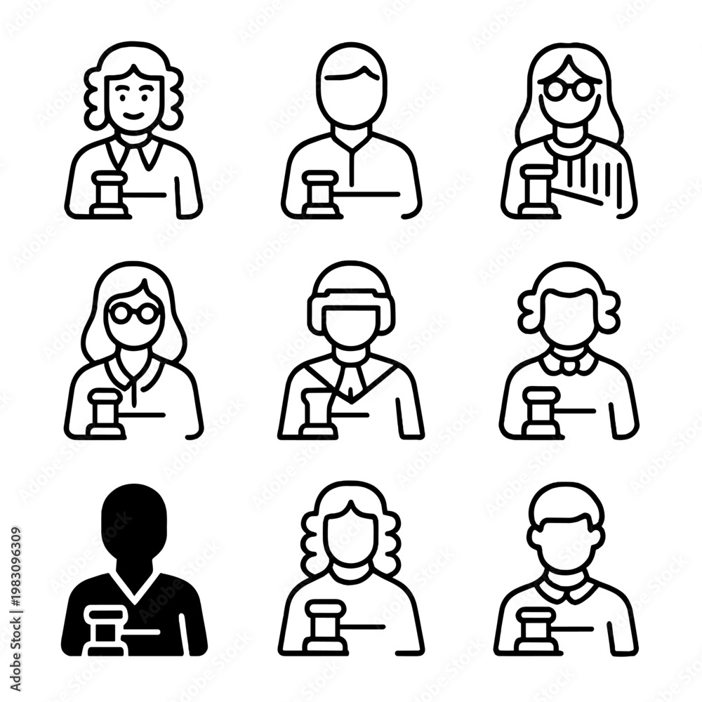 Fototapeta premium Minimalist legal themed line icons featuring diverse judges on gray background