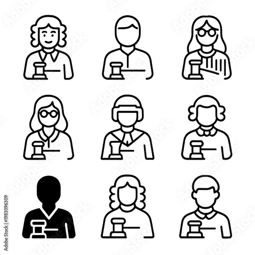 Minimalist legal themed line icons featuring diverse judges on gray background
