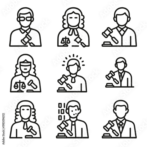 Diverse judge icons with gavel and scales for legal and justice themes
