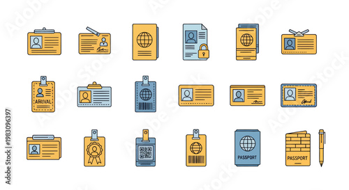 Collection of money and document icons arranged in a grid illustrating finance and business graphics.