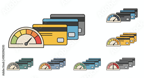 Illustration of multiple cards and wallets with payment terminals in a modern finance theme.