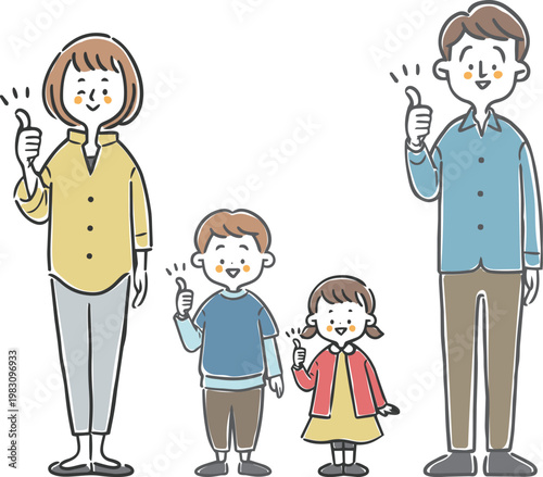 グッドサインをする夫婦と子供　全身　ベクター