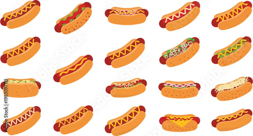 Gourmet Hot Dogs with Different Toppings Mustard Ketchup and Relish
