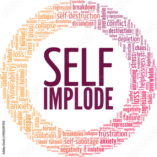 Self-implode word cloud conceptual design isolated on white background.