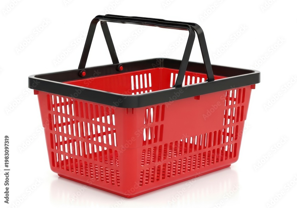 Fototapeta premium A red plastic shopping basket with a black handle isolated on a plain white background surface.
