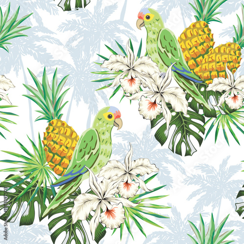Tropical parrots, pineapples, orchid flowers, leaves, palm trees silhouettes, white background. Seamless pattern. Vector illustration. Exotic birds, fruits. Summer beach design. Paradise nature