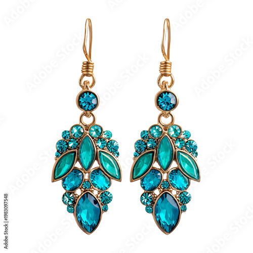 Pair of opulent gold-toned earrings adorned with vibrant blue and teal gemstones