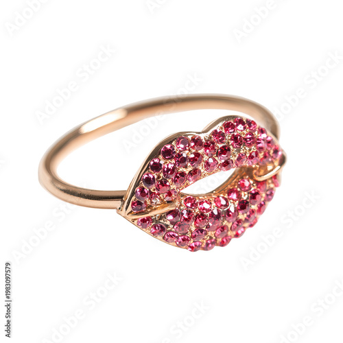 Rose gold ring shaped like a lip, encrusted with red sparkling gemstones