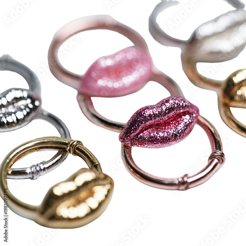 Rings with lip-shaped charms in various metallic colors and glitter, close-up shot