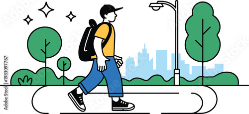 Modern vector illustration of a young man with a backpack walking through a city park with green trees, street lamps, and a skyline background.
