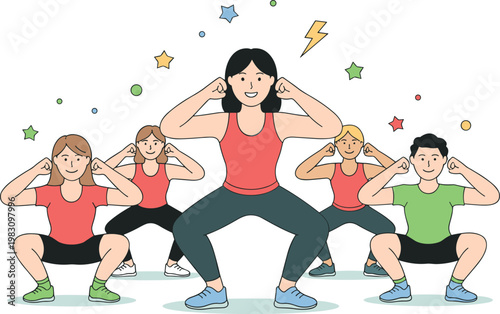 Flat vector illustration of a group of diverse people doing squats in a fitness class for healthy lifestyle concept