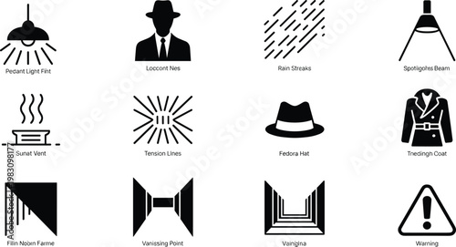 Detective film noir icon set featuring fedora hat trench coat silhouette man rain streaks spotlight beam and vanishing point
