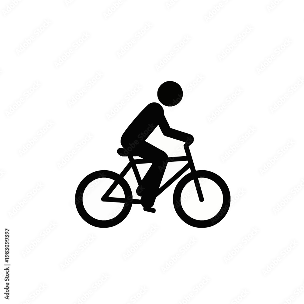 Fototapeta premium Black silhouette icon of a person riding a bicycle isolated on a white background. Minimalist pictogram representing cycling, outdoor sports, fitness, and eco-friendly urban transportation.