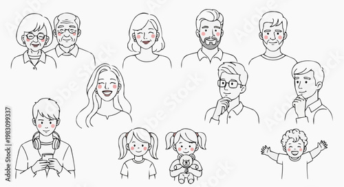 Diverse Line Art Avatar Collection of Multigenerational People and Family Characters