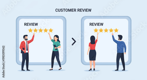 Vector illustration of male and female characters giving five star customer reviews on digital interface panels for business service feedback and online reputation management.