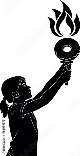 Young girl holding torch with flame and doughnut shaped top