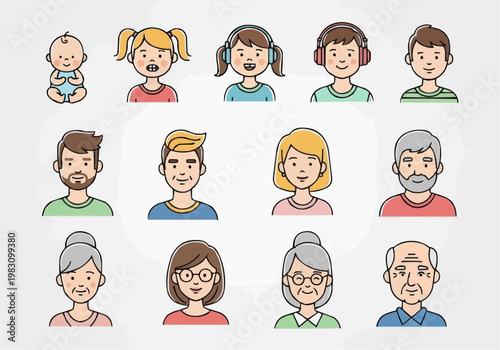 Diverse Line Art Avatar Collection of Multigenerational People and Family Characters