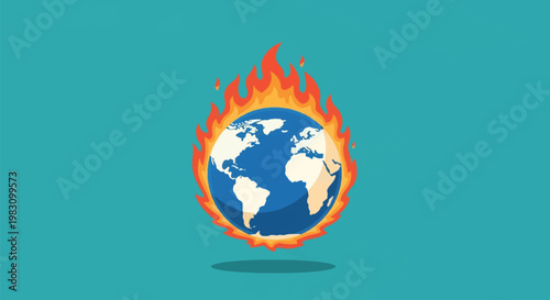 Flat vector illustration of planet Earth globe engulfed in bright orange and red flames, symbolizing global warming and climate change, isolated on a solid teal background.